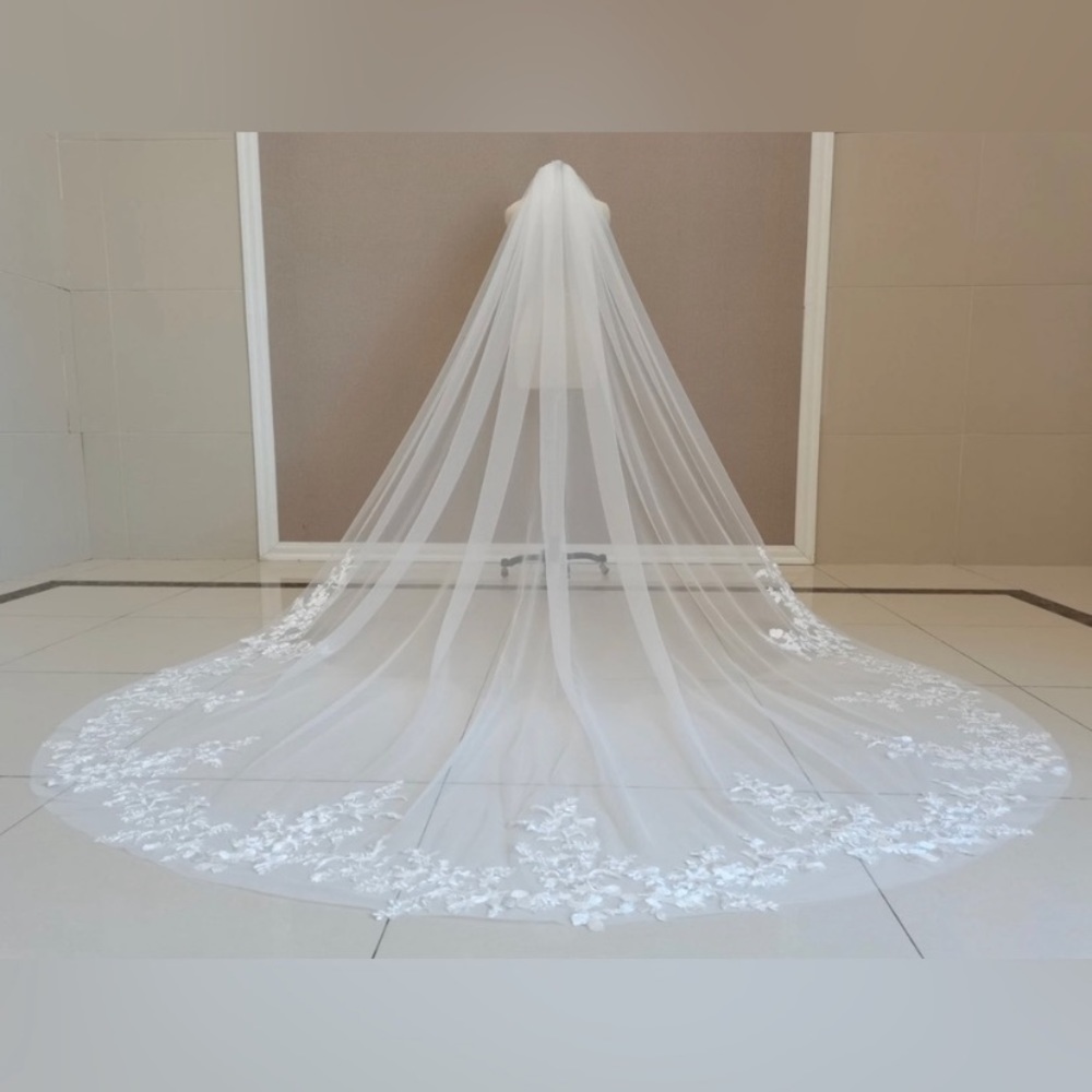 Floral trimmed lace cathedral wedding bridal veil ivory color wide romantic